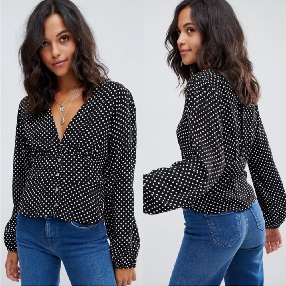 Free people Black Polka Dot V-Neck Long Sleeve Top - Women